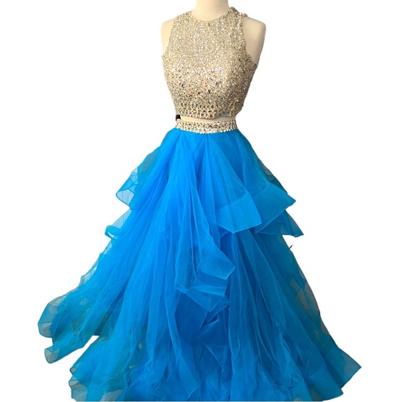TWO PIECE Mesh Rhinestone Crop Top Prom Dress Full Skirt Blue Sz 12 - Picture 6 of 16